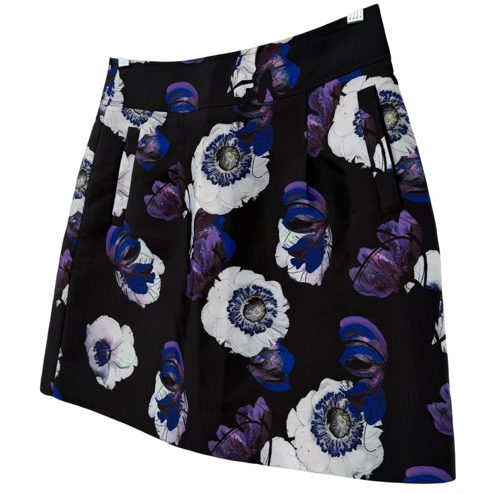 J.Crew Floral Mini Skirt Womens 4 Black Purple White Blue A-Line Pocket Anemone